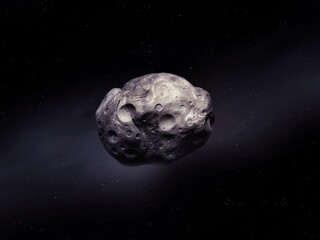 Dangerous asteroid approaching Earth. Meteorite in outer space. Cosmic stone on a black background. © Nazarii
