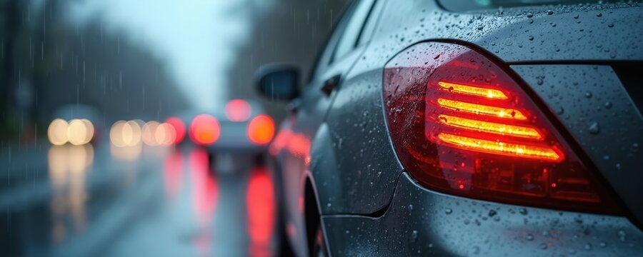 Car taillight glows with water drops in heavy rain. Traffic jam with blurred lights on wet road. Drive caution during storm, prevent car crash.