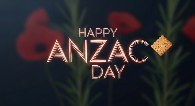 Happy anzac day greeting with poppy flowers, rosemary and anzac biscuit