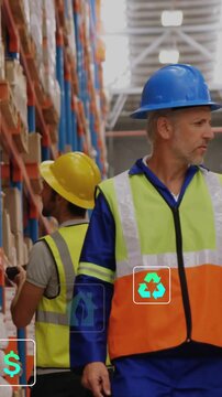 Vertical video: Warehouse lead walking as picker scanning picks, AR icons emerging settling by crew
