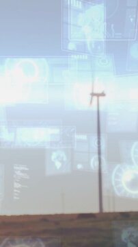 Vertical video: AR system detecting landscape and overlaying HUD over utility pole for grid mapping