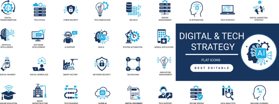 digital  tech strategy solid icon set. innovation, planning, cloud computing, cyber security, artificial intelligence, data, transformation, future. editable vector illustration collection set.