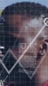 Man in profile moving hand and activating HUD analytics for tech, charts shifting, analyzing trends