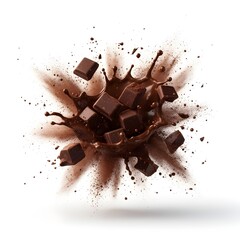 Fototapeta premium Dynamic Explosion of Dark Chocolate Chunks and Splashes, Isolated on White