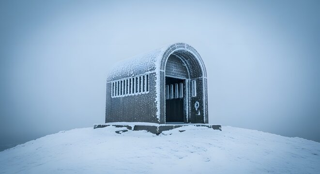 Snow Covered Shelter on a Mountain Peak