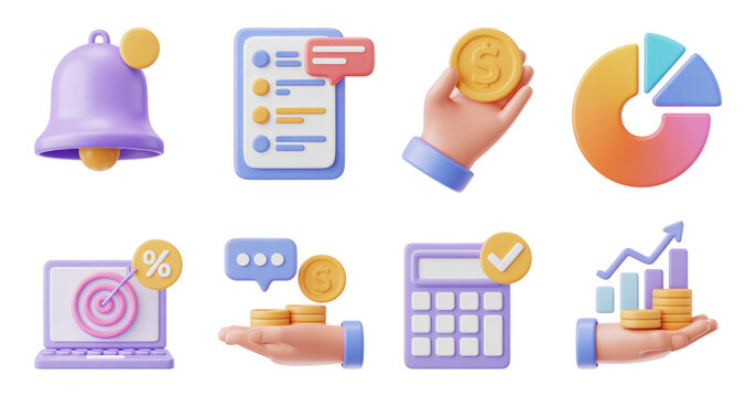 3D Financial and Business Icons Pie Charts, Money, Calculator, and More