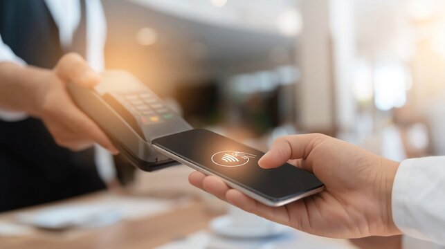Close-up of mobile phone tapping payment terminal held by waiter at a restaurant table. Represents contactless payment, fintech adoption, and fast checkout