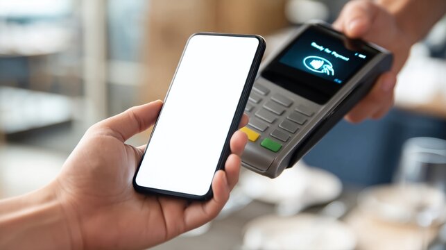 Customer uses smartphone with empty mockup screen to pay via contactless terminal with keypad and display. Scene illustrates wireless payment method in hospitality or retail industry