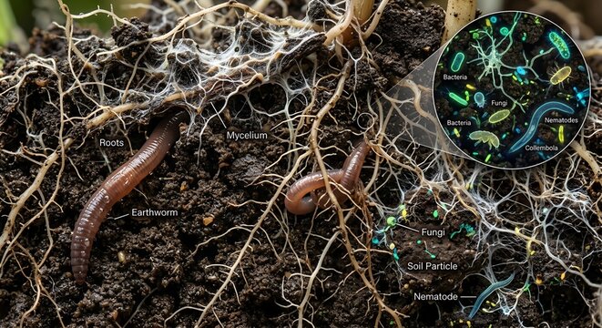Detailed cross-section of healthy soil showing earthworms, plant roots, white mycelium networks, and visible microorganisms, representing soil biodiversity