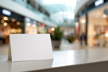 Obraz premium Blank table card mockup on shopping mall counter with blurred background. Ideal for branding, advertising, and retail promotion.