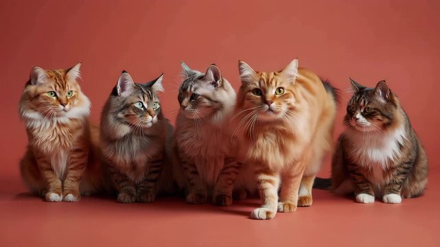 サーモン背景でカラーリムを加えた猫五匹の正面整列