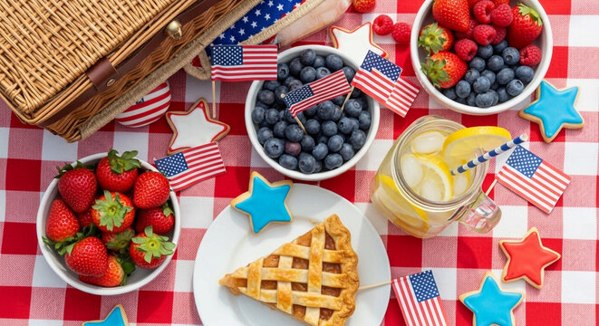 brant Patriotic Picnic Flat Lay - America 250th Celebration, Summer Food, Flags, Outdoor Gathering, Red White Blue.
