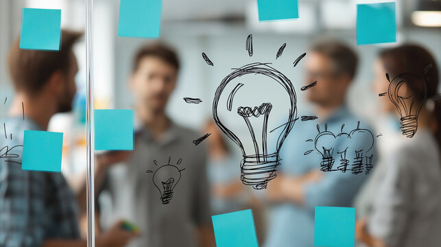 Team brainstorming on glass wall with markers, no faces visible, innovation concept