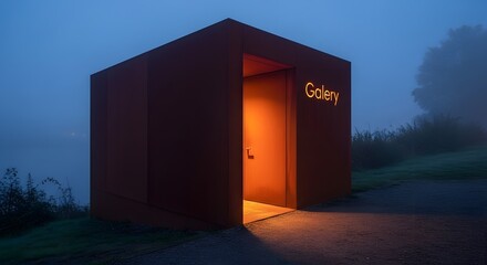 Fototapeta premium Modern Art Gallery Entrance at Dusk with Illuminated Sign