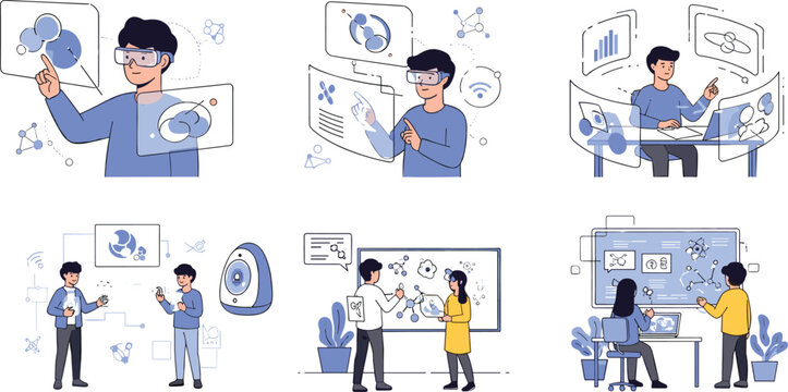 Scientific research and data analysis vector set featuring scientists laboratory experiments innovation technology charts collaboration and modern science workflow scenes