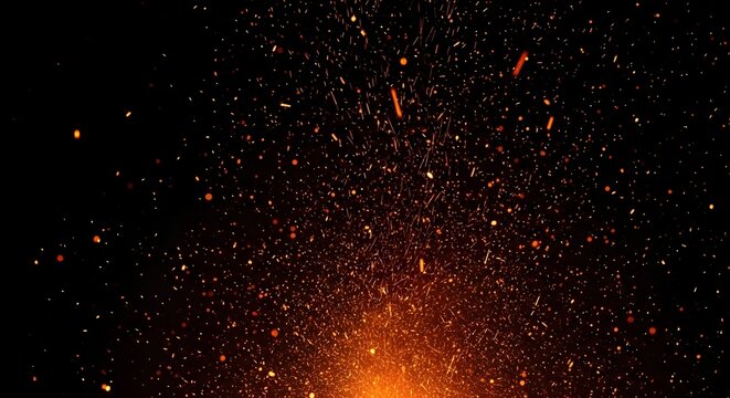 Vibrant orange firework explodes in dark night sky with sparks and colorful illustrations