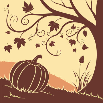 Rustic Pumpkin Silhouette with Vine Accents, Fall Harvest Symbol, Hand-drawn Autumn Style