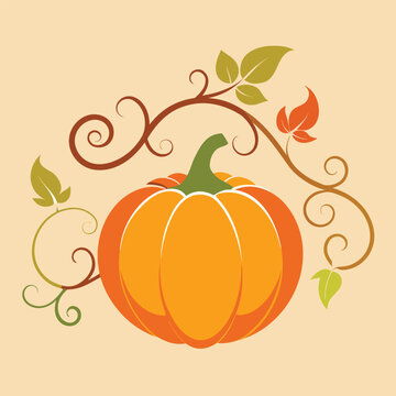Outline Pumpkin Silhouette with Detailed Vines, Autumn Harvest Illustration, Fall Season Art
