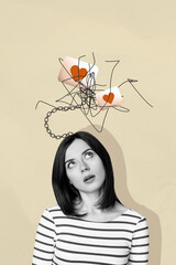 Sketch trendy 3d vertical pop artwork collage of minded girl heart icon social media feedback like...