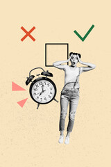 3d vertical artwork banner sketch photo collage of shocked businesswoman stand checkmark cross no...