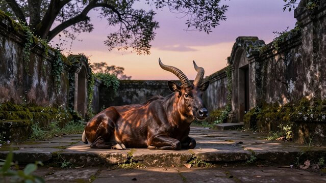 A rare saola rests on stone steps amidst weathered walls and greenery under a soft-focus sunset sky.