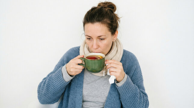 Sick woman resting and drinking hot herbal tea to recover from cold or flu, female patient holding a mug with antioxidant drink, healthcare and recovery concept isolated on white