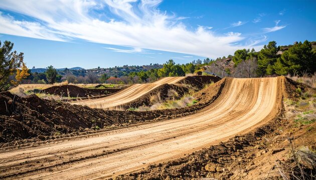 Motocross track background with dirt jumps and rugged terrain