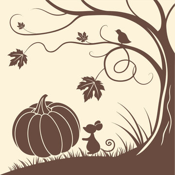 Minimalist black silhouette of a plump pumpkin with simple curling vines, ideal for fall and Halloween designs.