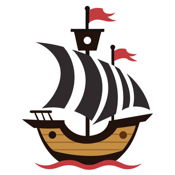 Bold black silhouette of a pirate ship with a distinctive curved hull, symbolizing adventure on the high seas.
