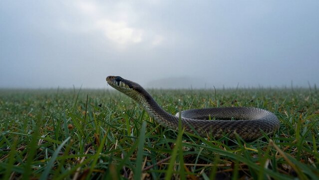 Close-up of a snake emerging from green grass in foggy conditions.