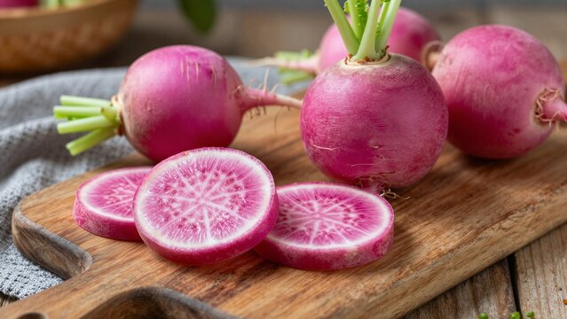 Close-up of vibrant pink watermelon radishes with striking red and white interiors, arranged on a rustic wooden cutting board.