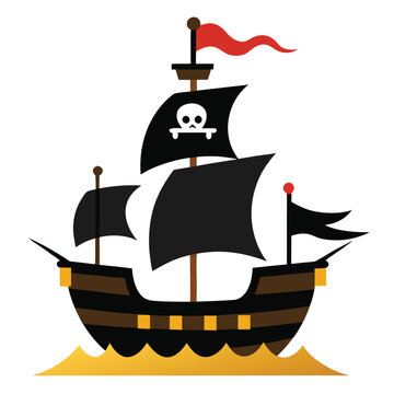 A stark black silhouette of a pirate ship with a distinctly curved hull, embodying daring voyages and the open sea.