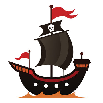 Elegant black silhouette of a pirate ship featuring a curved hull, representing seafaring journeys and fantasy.