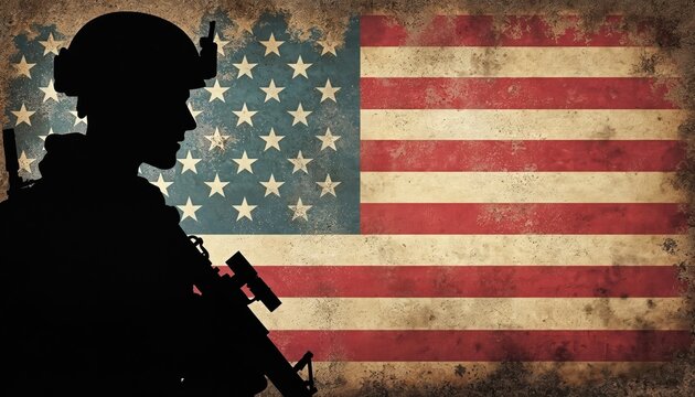 Soldier silhouette holds rifle before weathered American flag. Symbolizes patriotism, military service, and remembrance of heroes. Focuses on duty, sacrifice, and national pride. Grunge style.