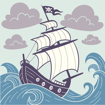 Sharp black silhouette of a pirate ship with a classic curved hull, evoking tales of the sea and distant lands.