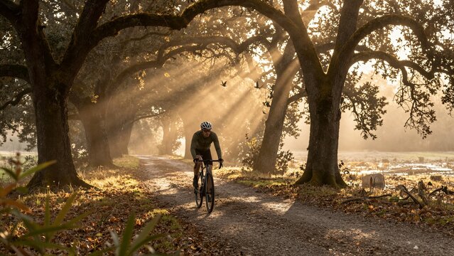 A lone cyclist rides a gravel path through an arching tree tunnel at sunrise, with sunbeams piercing the morning mist in a soft focus scene.