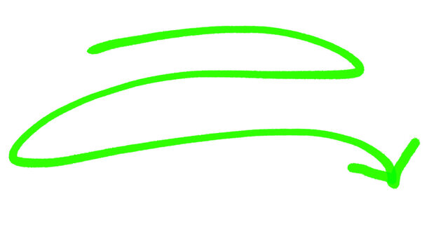 Green hand drawn long curved arrow pointing right