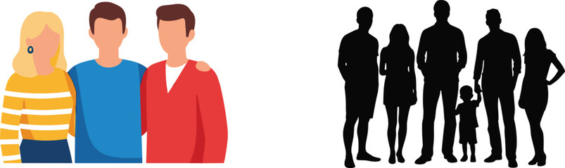 Fototapeta premium Family and Group of People Vector Illustration with Flat Characters and Silhouette Set Representing Community Team Friendship and Social Connection