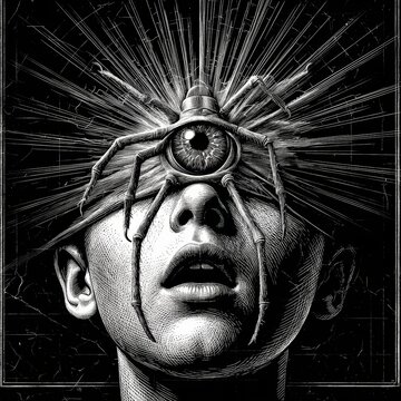 Surreal Dark Fantasy Art: Parasitic Mind Control Entity with Brain-Exposing Spider