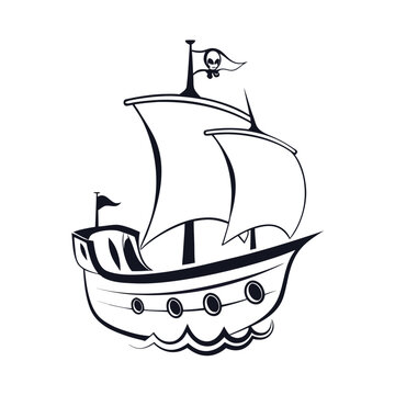 A classic black silhouette of a pirate ship with a curved hull, perfect for illustrating adventure and maritime tales.