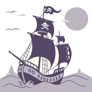 Minimalist black silhouette of a pirate ship with a curved hull, representing journeys and the vast ocean.