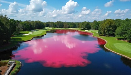 Fototapeta premium Aerial view shows vibrant pink algae bloom covering dark water surface on golf course lake. Green grass fairways, trees, blue sky with clouds surround pond.