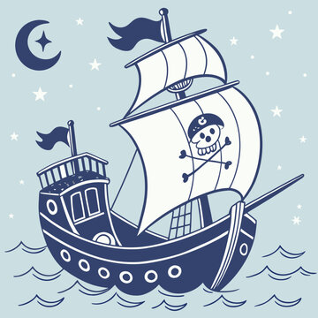 Clean black silhouette of a pirate ship with a curved hull, symbolizing exploration and journeys across the water.