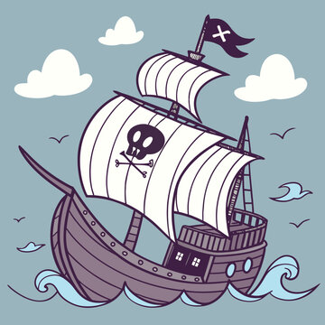 Bold black silhouette of a pirate ship with a curved hull, evoking a sense of mystery and seafaring adventure.