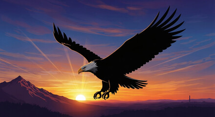 Fototapeta premium Majestic Bald Eagle Silhouette in Flight over American Landscape at Sunrise, Symbol of Freedom, Patriotic.
