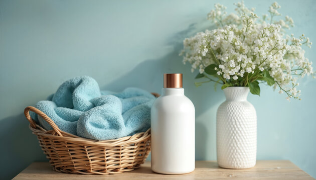 Basket with blue towels sits near white detergent bottle and vase with delicate white flowers. Light blue wall background. Cozy home laundry scene.