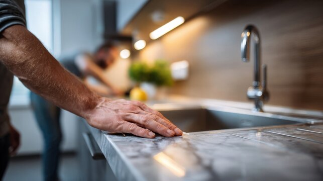 Professional kitchen installation process with male installer hand touching marble countertop