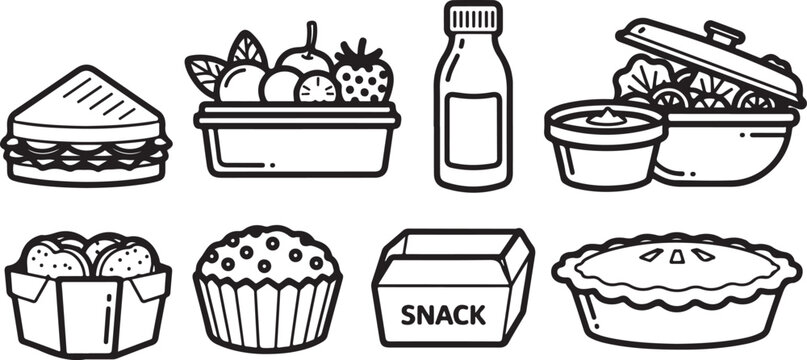 A collection of cartoon containers and food items with a lunch box theme Vector