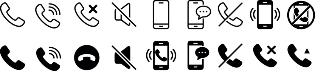 phone call and mobile communication line icons set, telephone incoming outgoing missed call voice mail mute silent ring smartphone message chat and contact vector outline icon collection on transparen © Kateryna
