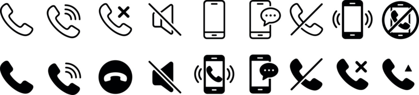phone call and mobile communication line icons set, telephone incoming outgoing missed call voice mail mute silent ring smartphone message chat and contact vector outline icon collection on transparen